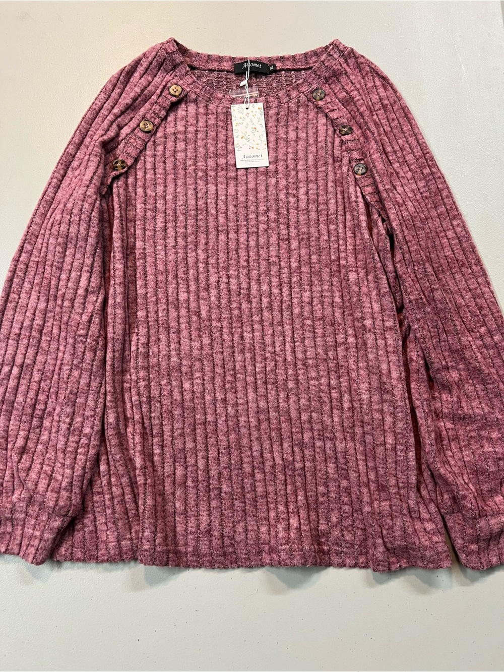 Automet Women’s XL Mauve Ribbed Long Sleeve Button Shoulder Soft Sweater Top
